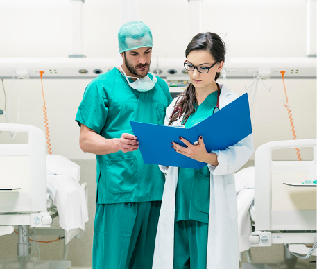 medical team workers examining a medical report