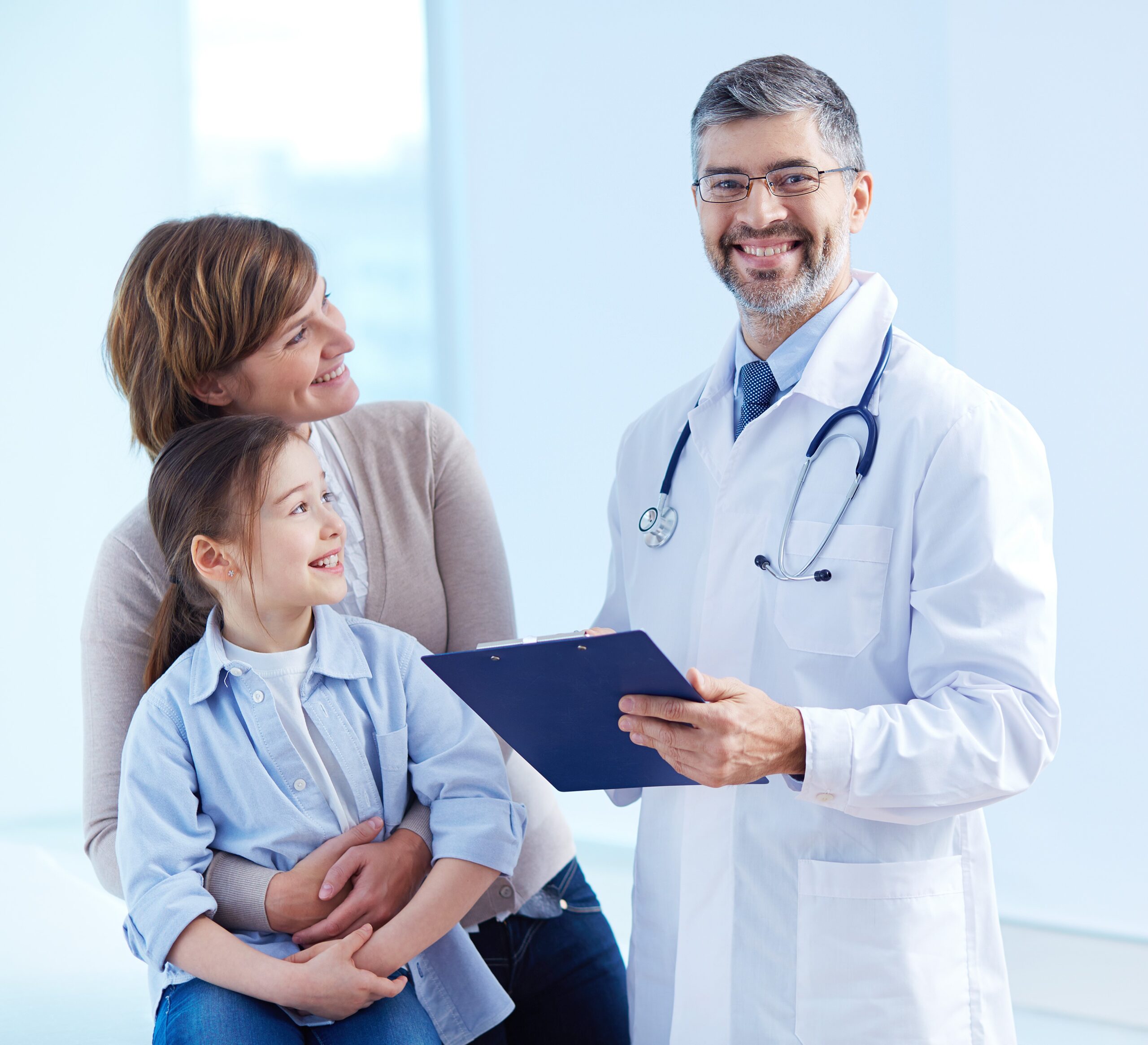 happy doctor holding clipboard with patient
